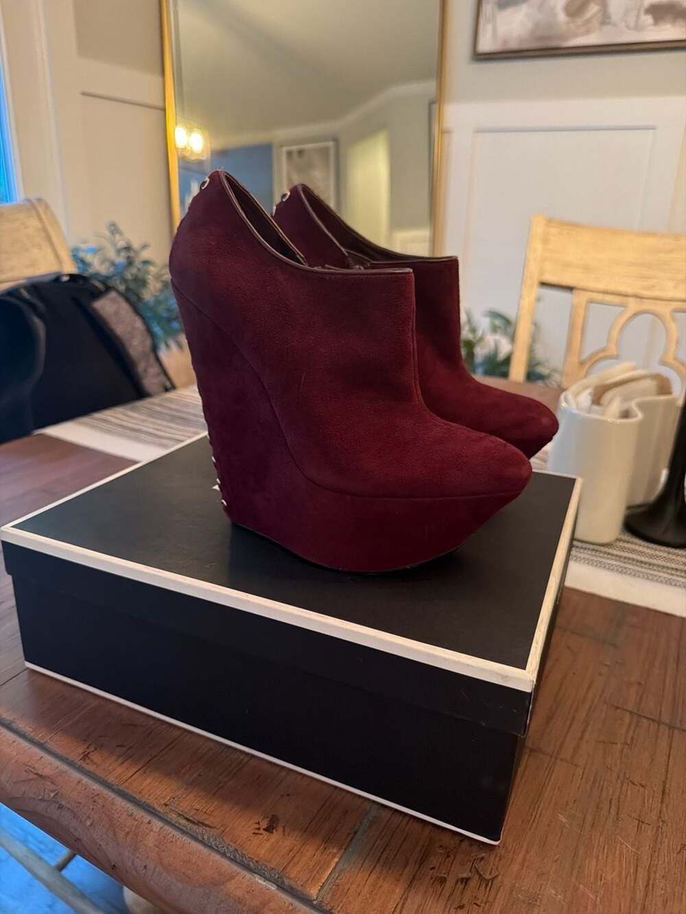 ShoeMint Wine Suede Lace-Up Back Wedge Booties Size 7